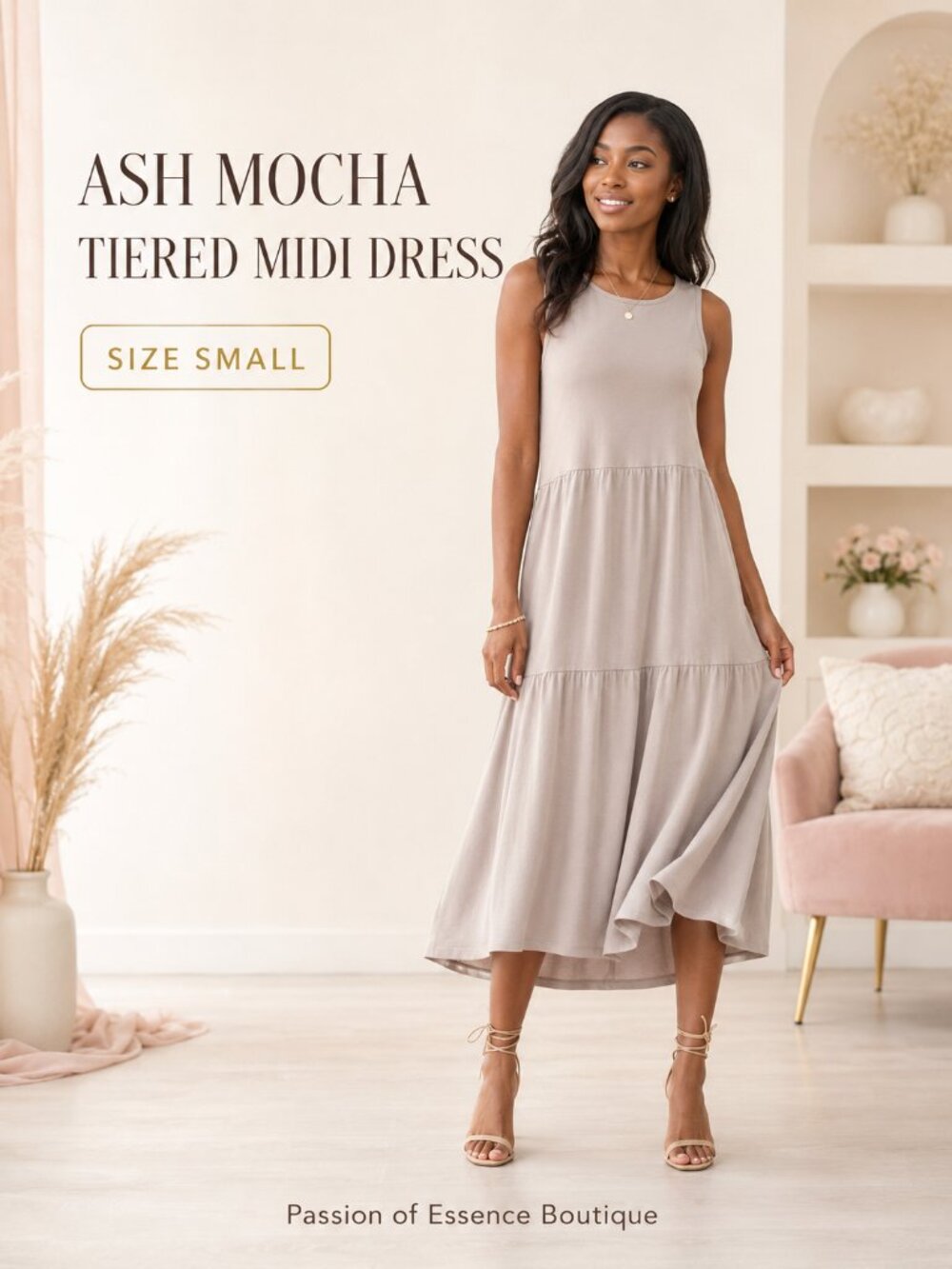 Zenana Ash Mocha Sleeveless Tiered Midi Dress Small Stretch A-Line